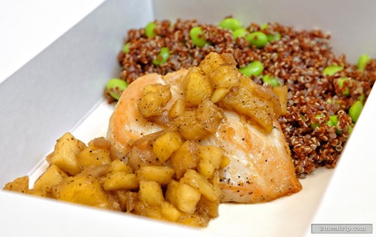 The 
                Seared Chicken Breast                
            
                            
                    
        
            from Captain Cooks is served with Pineapple Sambal, Red Quinoa, and Edamame Salad.