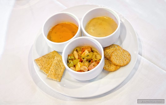 There are usually two kinds of hot soup available. A tomato bisque and 
corn chowder are pictured here along with a bowl Mediterranean pasta 
salad.