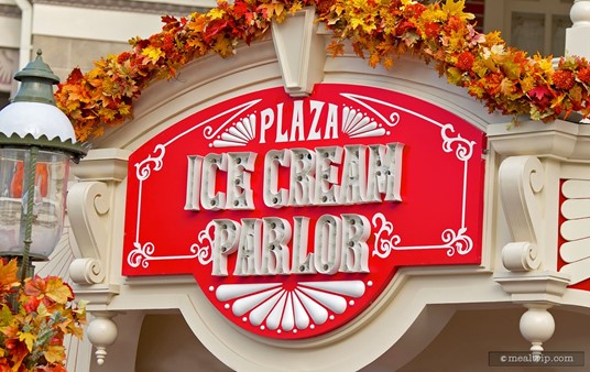 This Plaza Ice Cream Parlor sign is on the corner of the building and facing Cinderella Castle.