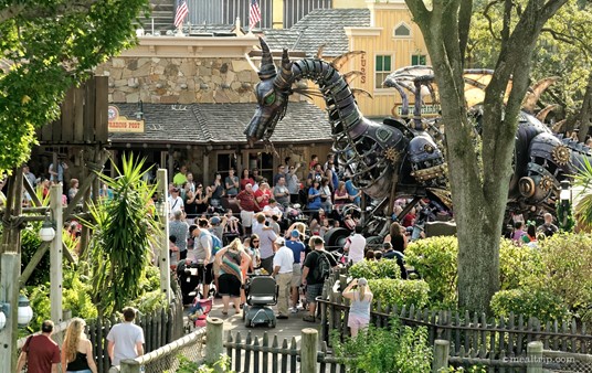 If you are collecting photos of the steampunk-inspired Maleficent dragon float from every possible angle, then you'll have to try taking a few photos from the Liberty Square Riverboat. If only he would have been breathing fire right at this moment. Oh well, next time.