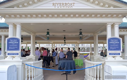 Tiana's Riverboat Party begins on the launch/dock of the Liberty Square Riverboat. The area is closed to everyone except those guests going to the party.
