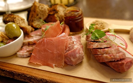 A close-up of the various components on Artist Point's handcrafted charcuterie board.