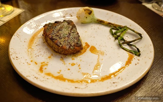 From the Butcher's Cuts section of the menu, this is the 7-oz Filet Mignon which comes with your choice of one house-made side. (The "side" is delivered in a small bowl. Pictured here, is the world's largest garish ... a spring onion.)