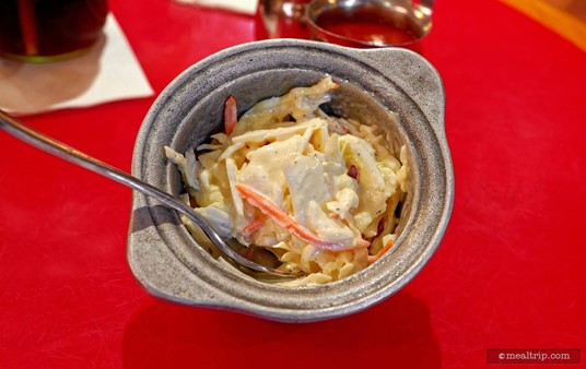 This is a small cup of Coleslaw. It's brought out with the Cornbread and served as a "starter" item when ordering any of the Skillets. I didn't really eat it as a "starter" but saved it for eating with my meal. I'm not sure why the portion is so small though, this one cup (which only has about three tablespoons of coleslaw), was the portion size for two people.