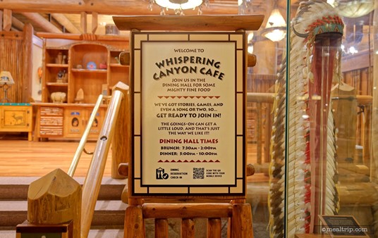 Welcome to the Whispering Canyon Cafe! This familiar information sign is located at the front entrance of the restaurant.