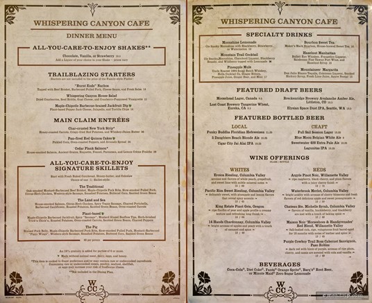 Here's a look at the Whispering Canyon Cafe Dinner Menu. (Photo, summer 2024)