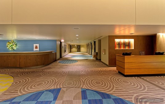 The check-in counter for California Grill's "Brunch at the Top" is located on the right-hand side of this photo. The "secret" elevators that take you to the California Grill are down the hallway in the center.
