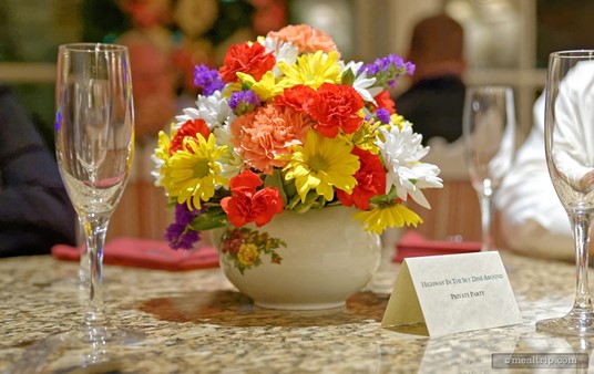 This is one of the fresh cut flower arrangements on most of the tables at the Garden View Lounge.