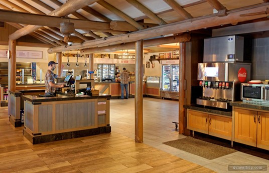 Here's a look at the "food ordering", beverage station and "grab and go" areas at the Trail's End Restaurant. The "payment register island" on the left side – is where you would place your order for food, if you were sitting down to eat at Trail's End, and/or if you were just grabbing a drink, pastry or ice cream from the grab-and-go area.