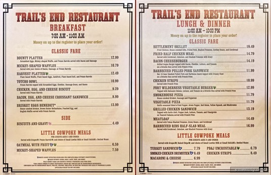 Here's a look at the Trail's End Menu for "Breakfast" and the combined "Lunch and Dinner" periods. Photo was taken early summer 2025.