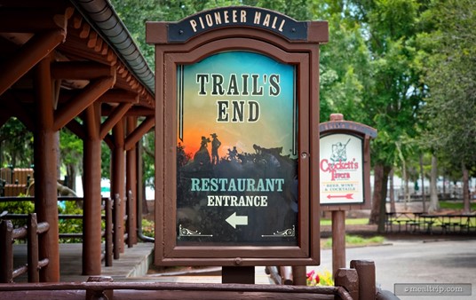 This sign is located just outside the main entrance to the Trial's End Restaurant.