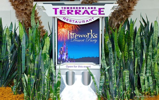 Tomorrowland Terrace and/or Wishes Fireworks Dessert Party sign located just before you enter the Tomorrowland Terrace overhang.