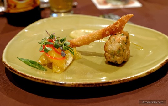 The "amuse" course for a recent Jake's Beer Dinner was this Cape Canaveral Royal Red Shrimp Cake with Florida Orange Salad and Sriracha Basil Tartar.