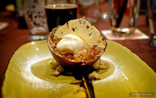A closer look at the Deconstructed Chocolate Pina Colada reveals a Dark Chocolate Bowl, Ginger Spice Cake, Pineapple Compote, Coconut Ice Cream and Funky Buddha Last Snow Chocolate Sauce.