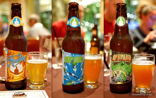 Here's a great shot of just three of the beers that Funky Buddha brought to a recent Jake's Beer Dinner... from left to right, the Floridian Hefeweizen, the Hop Gun IPA, and their Hop Stimulator Double IPA.