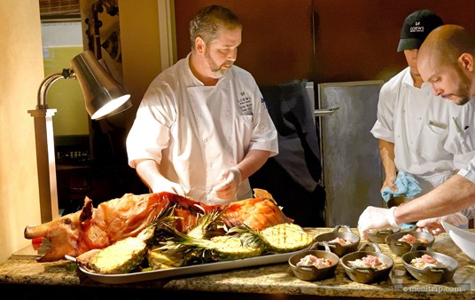 The roasted pork was added to the dish on-stage by three sous chefs and served right away.