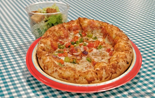 This is the Vegetable Pizza with the side Caesar Salad that is served with it. All pizza entrées are served with a side salad.