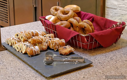 A few more baked goods at the Akershus breakfast. Pictured here are some cinnamon rolls and a bagel basket. Cream cheese and topping are kept cold in the nearby iced table.