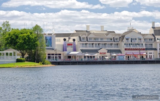 The ESPN Club from across the lake. The restaurant is located on the far left side of the Boardwalk (closer to Epcot).