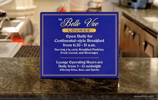 The Belle View Lounge hours of operation.