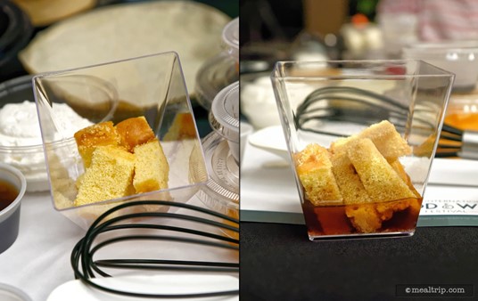 First, put the pound cake in the cup. Next, pour in the espresso and vanilla... and now we're going to let that soak while we build some other components. The steps are easy enough for the whole family to follow along.