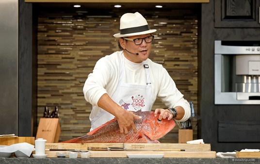 Famed Iron Chef Masaharu Morimoto led guests in an interactive demo on the fine art of sushi making. Each guest had samples of rice, fish, and wraps to make their own roll... and then also got to sample some "professional" made sushi as well.