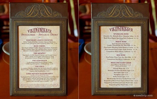 Here's a front and back view of the adult beverage menu that is placed on each table. (Summer 2023)