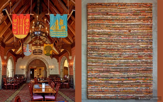 The main dining hall is on the left — and on the right, is a closer look at that abstract tapestry hanging on one of the back walls at Akershus.