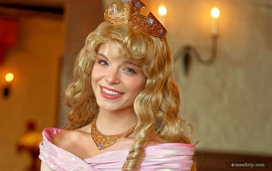 Aurora from "Sleeping Beauty" meets with guests at Epcot's Akershus Royal Banquet Hall.