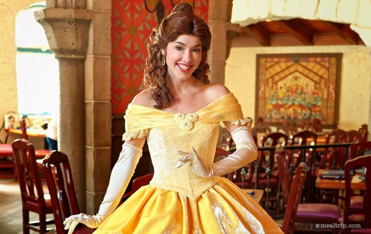 Belle from "Beauty and the Beast" meets with guests at Epcot's Akershus Royal Banquet Hall.