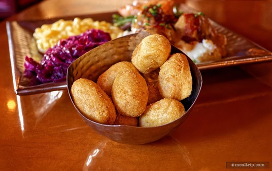 Here's a look at a bowl of Corn Dog Nuggets that are served with the main platter. While they may have been intended for children, they were actually quite good... Especially with the mac and cheese.