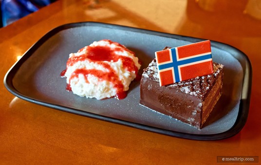 The Norway flag on the dessert platter is made out of edible chocolate! (And I did eat it.) My suggestion here is, ask for some more of the strawberry sauce in a little ramekin. It pairs just as well with the Chocolate Mousse Cake as it does with the Rice Cream.