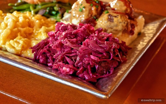 The beautiful warm side item at Akershus is Rødkål, or Sweet and Sour Braised Red Cabbage. While the color might suggest otherwise, it has a mild bite and none of that bitterness that's typically associated with cabbage.