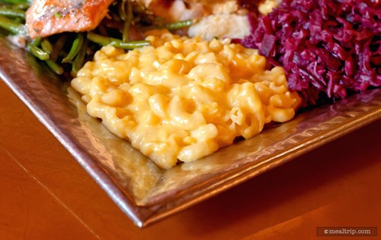 The bright yellow / orange color of the Mac and Cheese is such a great contrast with the purple color of the Sweet and Sour Braised Red Cabbage.