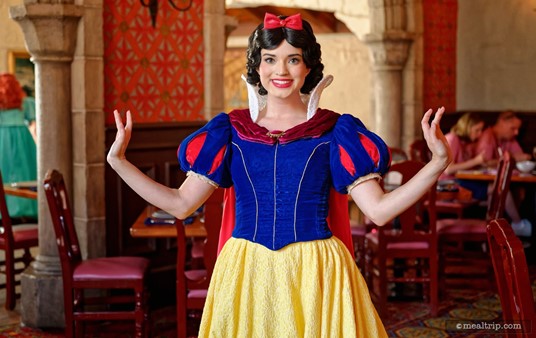 Snow White from "Snow White and the Seven Dwarfs" meets with guests at Epcot's Akershus Royal Banquet Hall.