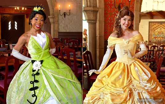 Tiana and Belle meet with guests at Epcot's Akershus Royal Dining Hall.