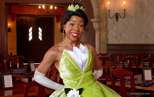 Tiana from "The Princess and the Frog" meets with guests at Epcot's Akershus Royal Banquet Hall.