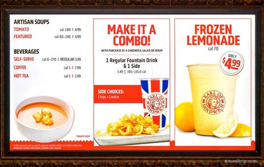 Soup, Beverage and More Menu Board at Earl of Sandwich, Disney Springs (Summer 2024).