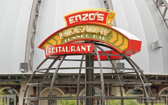 The Enzo's Hideaway sign is above the restaurant's main entrance, which is a little tricky to find.