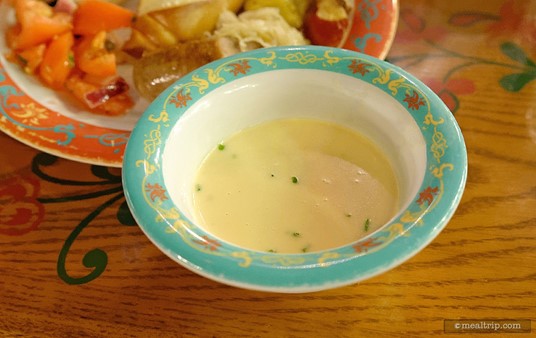 Soups change frequently so you'll never know what they will be serving. They are usually cream-based soups though. Here, a cheese potato soup pairs well with the pretzel bread.