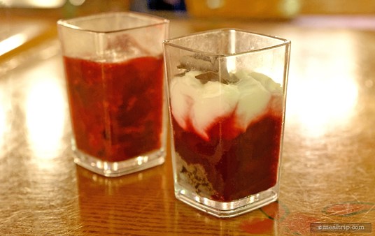 Specific desserts change from season to season, but there's usually some combination of berry compote and heavy cream.