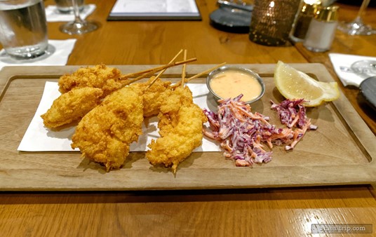 These are the Lobster Corn Dogs from the Starters section of the Paddlefish menu. They were served with a small amout of purple cabbage slaw and a sweet chili aioli.