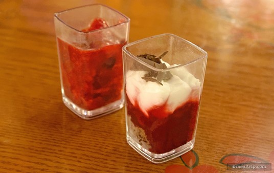 Dessert cups change seasonally but usually contain some type of berry compote and heavy cream type base.