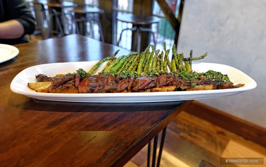 The Skirt Steak at Wine Bar George is plated with Roasted Potatoes, Chimichurri, and "seasonal vegetables" (which in this case, was asparagus).