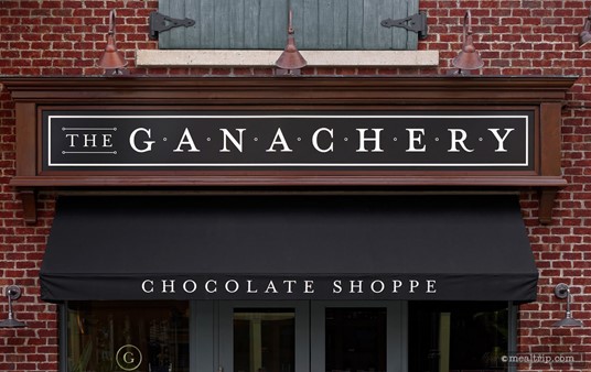 The Ganachery Chocolate Shoppe sign is just above the main entrance to the small shop.