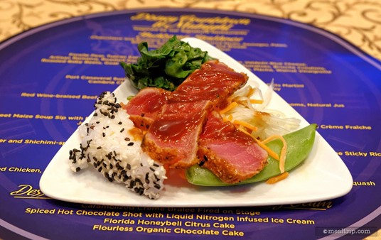 This was a great dish! Narcoossee's presented this Coriander and Shichimi-spiced Seared Ahi Tuna with Charred Beans, Gai Lan, Green Papaya, and Sesame Sticky Rice.