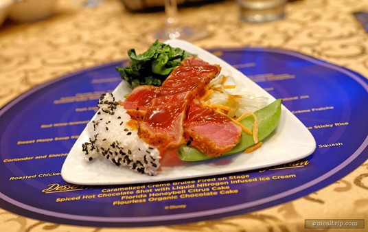 This Coriander and 
Shichimi-spiced Seared Ahi Tuna with Charred Beans, Gai Lan, Green 
Papaya, and Sesame Sticky Rice was paired with an Infamous Goose, Sauvignon Blanc, Marlborough.