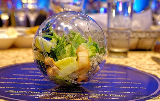 Forello Pear, Tuscan Kale, Toasted Cashews, Red Pear Butter, and Valdeon Blue Cheese Salad from the California Grill Station at Disney's Countdown to Midnight New Year's Eve event.