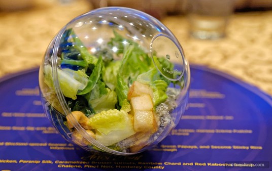 A closer look at the Forello Pear, Tuscan Kale, Toasted Cashews, Red Pear Butter, and Valdeon
 Blue Cheese Salad from Disney's 
Countdown to Midnight New Year's Eve event.