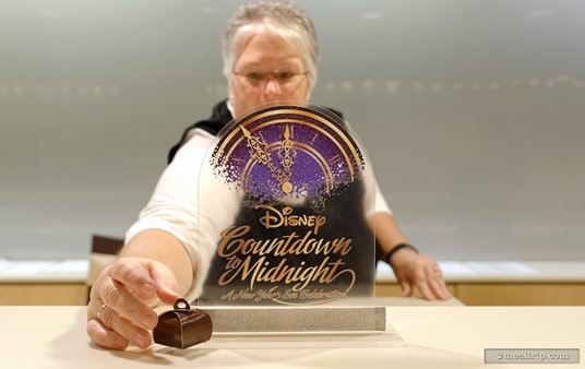 These cool Countdown to Midnight signs are on the check-in desk. Once inside, you'll find a little tiny box of hand dipped chocolate (among many other things) at each place setting.